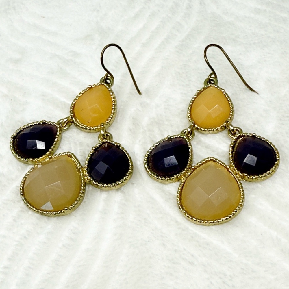 Amber & Plum Teardrop Dangle Earrings Gold Tone Chandelier Boho Statement